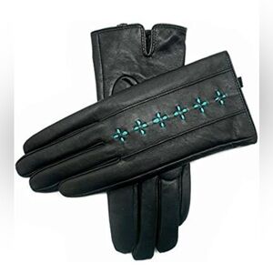 YISEVEN Black Lambskin Leather Gloves with Teal Accents, touch-screen friendly.